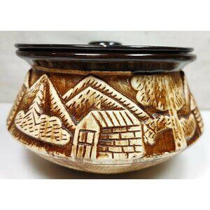 VTG Sunrise Brown Pottery Carved Clay Lid Houses Trees Outdoor 3D Design Glazed